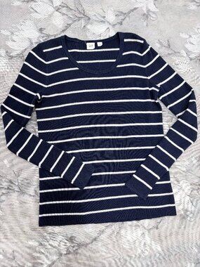 Gap Navy White Striped Rib Knit Sweater Womens Small Scoop Neck Long Sleeve